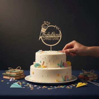 Holz‑Caketopper aus 3 mm Birkensperrholz mit Schriftzug „Endlich Schulkind“ und Schultüte